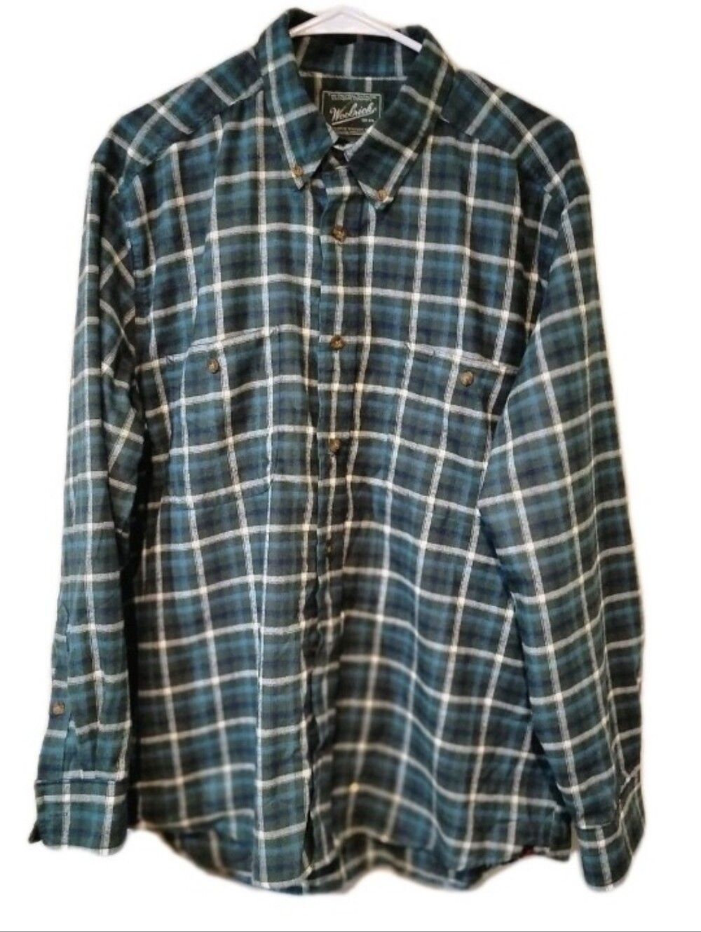 Woolrich Shirt Mens Large Green Teal Plaid Flannel Button Up Down Shirt